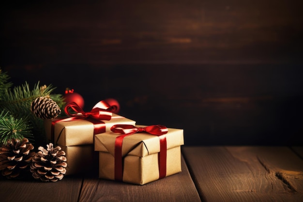 Weihnachtsfreude festlich verpackte Geschenke auf rustikalem Holztisch mit saisonalen Tannenzapfen und Tanne