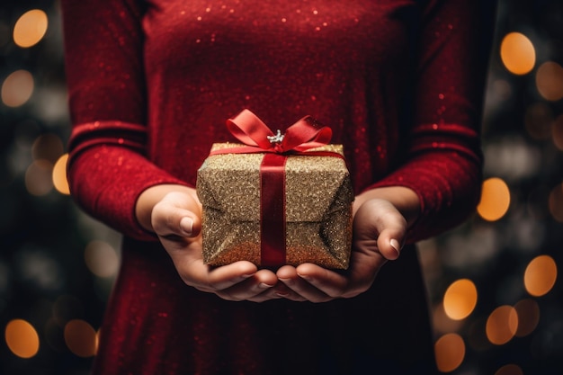 Weihnachtsfreude Frau hält ein wunderschön verpacktes Weihnachten- und Neujahrsgeschenk und verbreitet Weihnachtglück