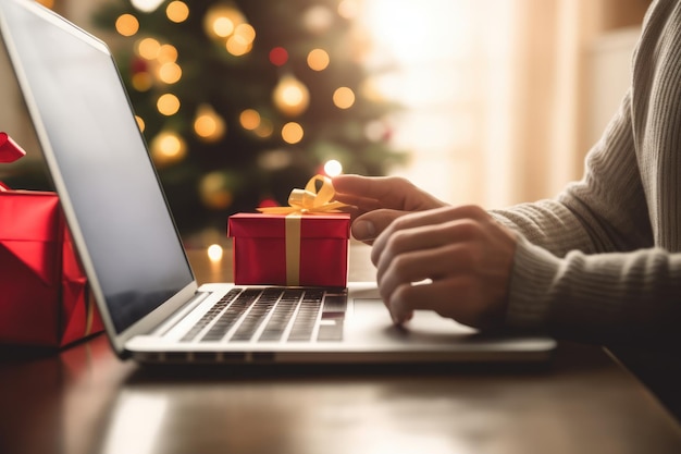 Weihnachtsgeschenk auf einem Laptop mit einem Weihnachtsbaum im Hintergrund