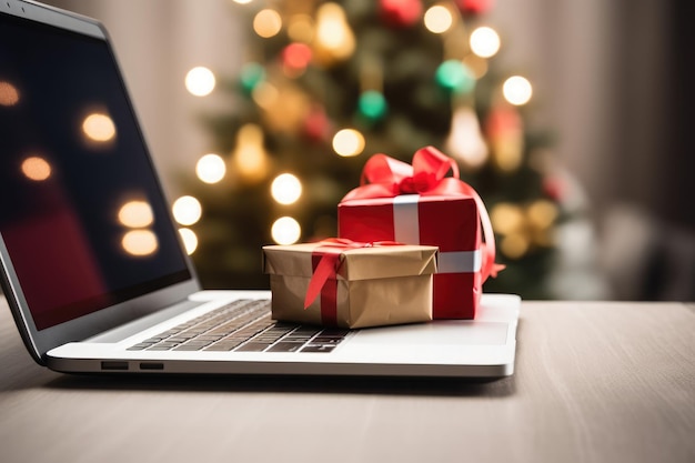 Weihnachtsgeschenk auf einem Laptop mit einem Weihnachtsbaum im Hintergrund