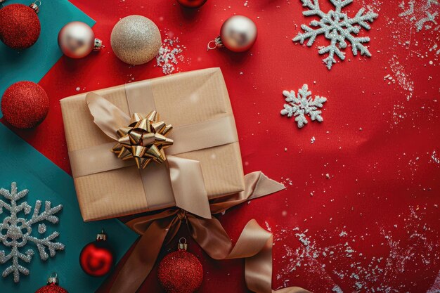 Weihnachtsgeschenk mit Band und Dekorationen auf farbenfrohem Hintergrund
