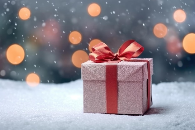 Weihnachtsgeschenk mit einem roten Band auf einem Hintergrund aus goldenem Bokeh und Schnee