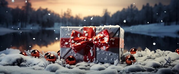 Weihnachtsgeschenk oder Geschenkbox verschneiter Tannenbaum und Feiertagsdekoration vor magischem blauem Bokeh