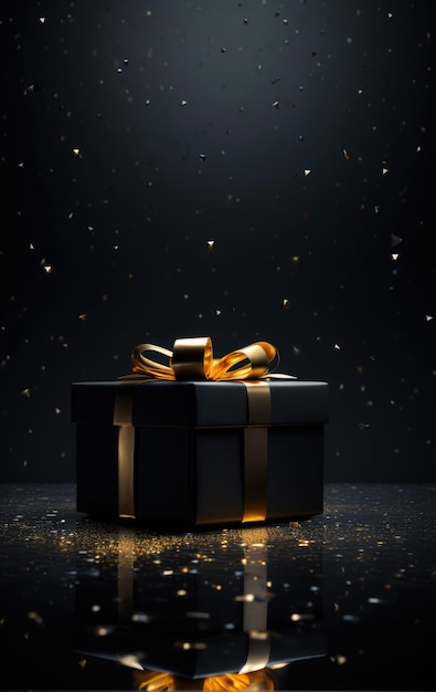 Weihnachtsgeschenk schwarz-goldene Bänder und Ornamente schwarz-goldene Geschenkbox