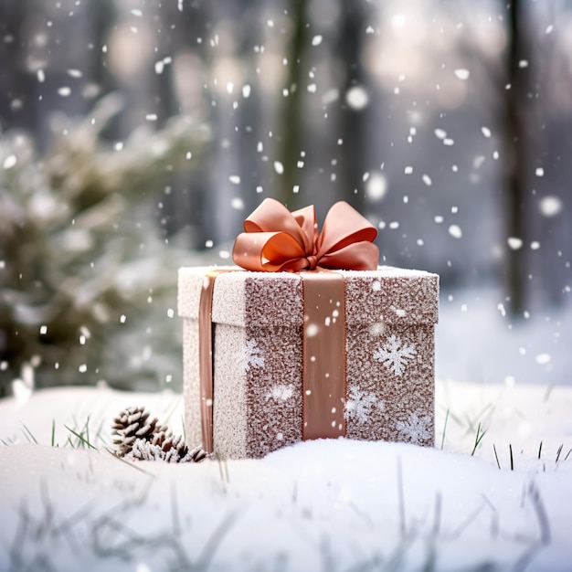 Weihnachtsgeschenk und Geschenkbox im Schnee in der schneebedeckten Winterlandschaftsnatur für den Weihnachtsfeiertags-Einkaufsverkauf