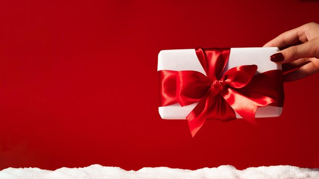 Weihnachtsgeschenk Winterferien Gruß weibliche Hand hält eingewickeltes Geschenk in weißer Box mit Schleife