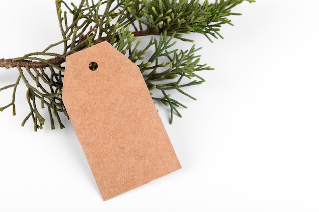 Weihnachtsgeschenkanhänger des Bastelpapiergeschenketiketts und des grünen Tannenzweigs auf weißem Hintergrund.