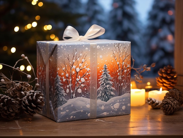 Weihnachtsgeschenkbox auf verschwommenem festlichem Weihnachtshintergrund Winterkonzept Design für Kartengruß-Web
