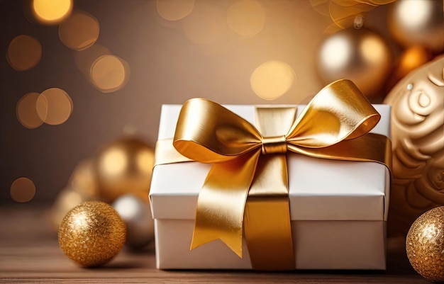 Weihnachtsgeschenkbox mit goldenem Bogen und Dekoration auf Bokeh-Hintergrund