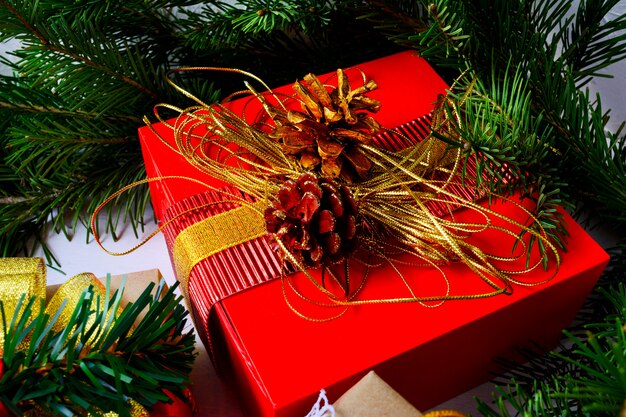 Weihnachtsgeschenkbox mit goldenen Tannenzapfen und Tannenzweig