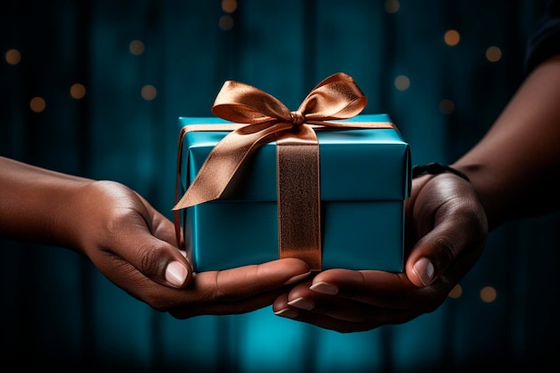 Weihnachtsgeschenkbox mit goldener Farbe und blauem Bandgenerativer KI