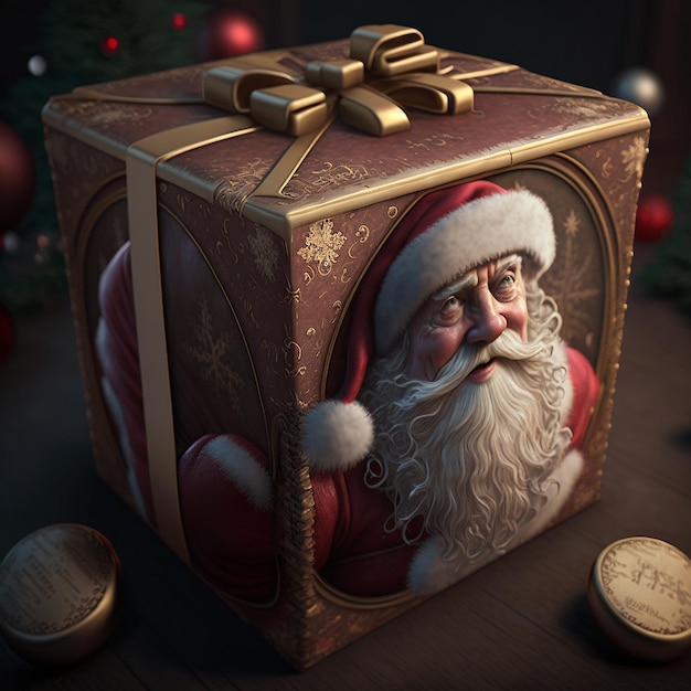 Weihnachtsgeschenkbox mit hochauflösendem Bild des Weihnachtsmanns. Ai-generierte Kunst
