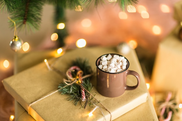 Weihnachtsgeschenkbox, Zuckerstangen, Schale heiße Schokolade mit Eibisch und Tannenbaumaste