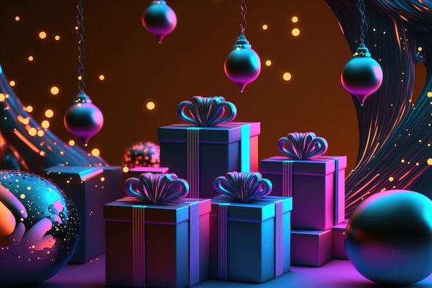 Weihnachtsgeschenkboxen Neonlicht und Farbe Abstrakte Weihnachtsdekorationen Bälle Girlanden helle Farben Dekor 3D-Rendering