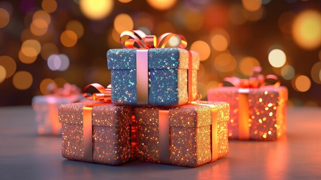 Weihnachtsgeschenkboxen und Bokeh-Lichter 3D-Illustration Generative KI