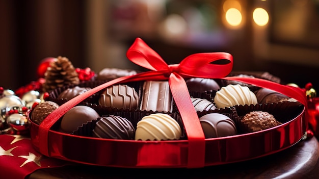 Weihnachtsgeschenke, Feiertage und Feiertagskiste mit Schokoladenpralinen, Winterfeiertagsgeschenke