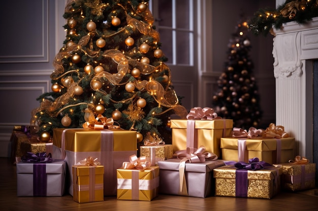 Weihnachtsgeschenke, frohe Feiertage und Feiertagsfeiern, verpackte Geschenkboxen, Geschenke und dekoriertes Chr