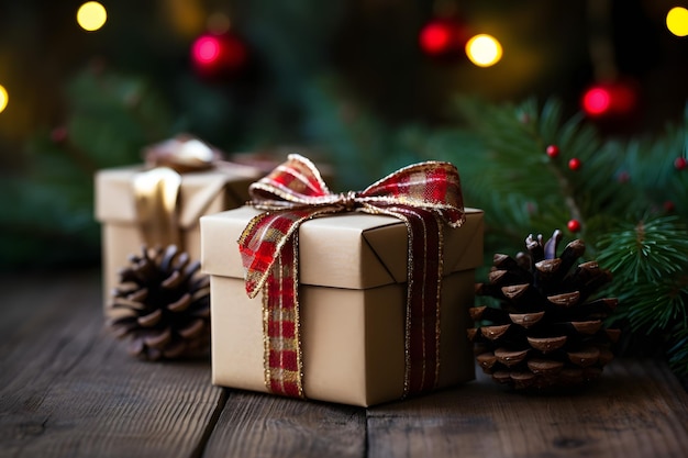 Weihnachtsgeschenke mit braunen Papierschleifen und Tannenzapfen. Festliches Ho