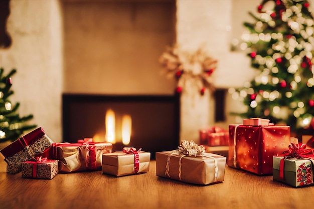 Weihnachtsgeschenke mit Dekorationen auf dem Tisch vor einem Kamin