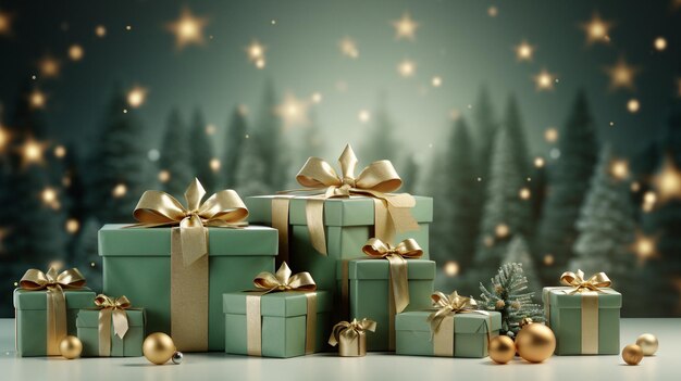 Weihnachtsgeschenke mit goldenen Schleifen auf Bokeh-Hintergrund 3D-Rendering Generativ AI