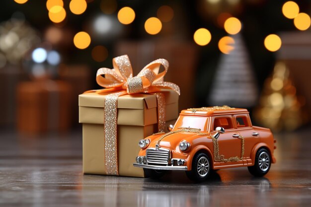 Weihnachtsgeschenke Spielzeugauto mit Geschenken auf dunklem Hintergrund mit einer hellen Bokeh-KI-Generation