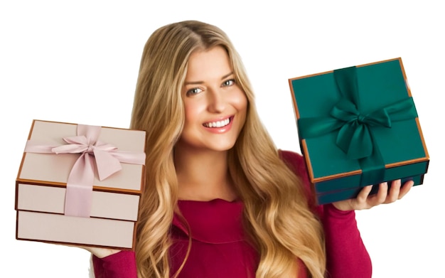 Weihnachtsgeschenke und Feiertagsgeschenke glückliche Frau, die Geschenkboxen lokalisiert auf weißem Hintergrund hält