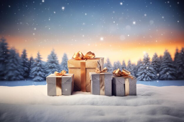 Foto weihnachtsgeschenkkisten stehen auf dem schnee auf dem pinienbaum hintergrund generative ki