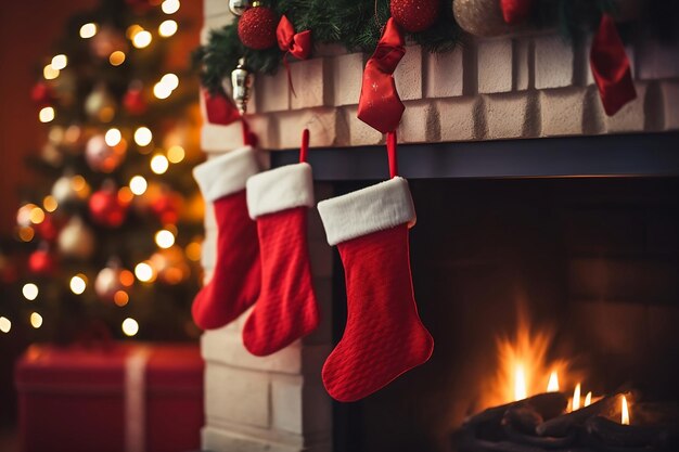 Weihnachtsgeschenksocken hängen am Kamin