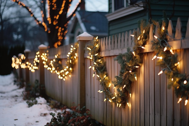 Weihnachtsgirlande leuchtet im Winter auf dem Holzzaun eines Privathauses