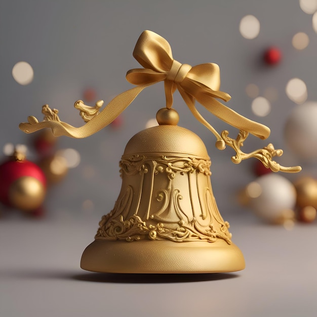 Weihnachtsglocke mit goldener Schleife auf grauem Hintergrund, 3D-Darstellung