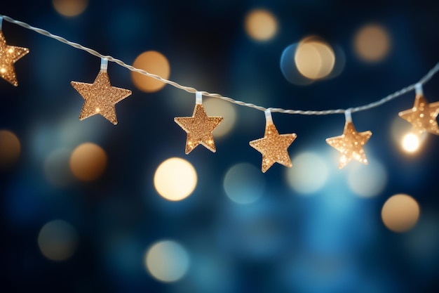 Weihnachtsgoldene Sterne Lichterkette hängt auf blauem Bokeh-Hintergrund Generative KI-Illustration