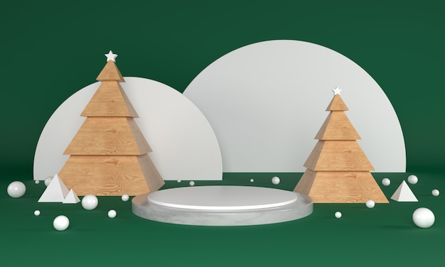 Weihnachtsgrünes Thema Produktbühne mit Baum und Sternen für Promo oder Banner 3D-Illustration