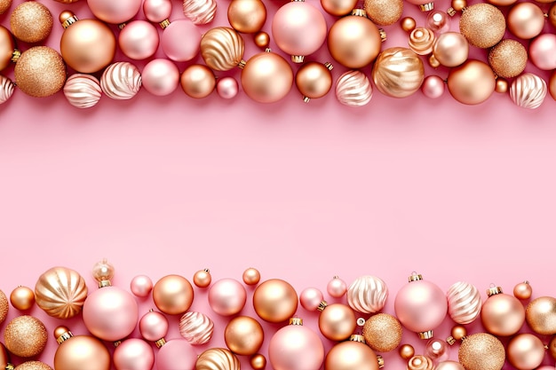 Weihnachtsgrüßkarte mit rosa und goldenen Glaskugeln auf rosa Hintergrund Generative KI