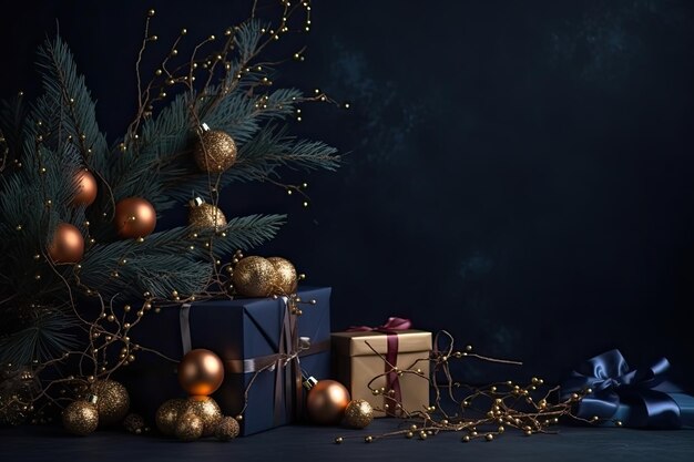 Weihnachtsgrußkarte mit geschenkblauen und goldenen Glaskugeln auf blauem Hintergrund Generative KI