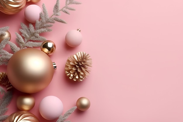 Weihnachtsgrußkarte mit rosa und goldenen Glaskugeln auf rosa generativer KI