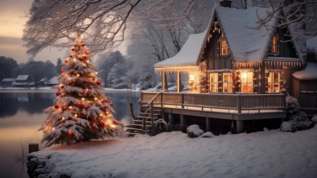 Weihnachtshaus und Weihnachtsbaum in der Nähe des Sees im Winter