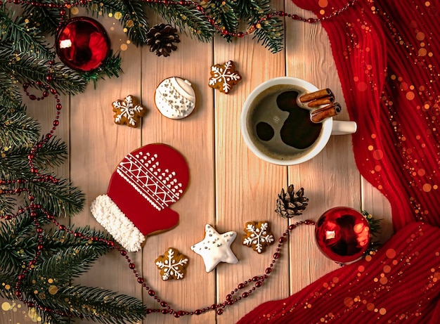 Weihnachtsheller Holzhintergrund mit rotem Lebkuchen in Form eines Handschuhs und einer Tasse Kaffee