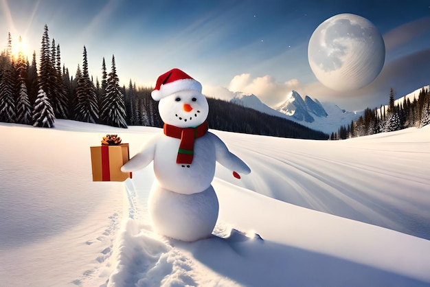 Weihnachtshintergrund des Schneemanns, der Geschenke mit schneebedecktem Zeichen trägt
