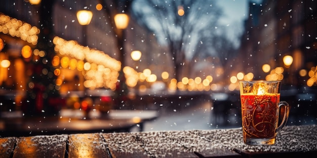 Weihnachtshintergrund Glühwein auf Schnee Holzhintergrund für Text oder Produkt Generative KI