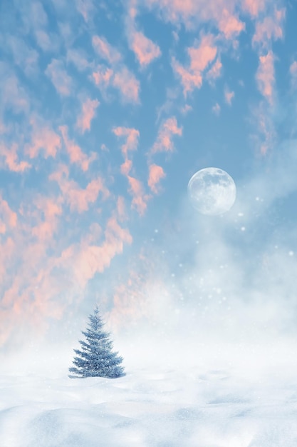 Weihnachtshintergrund Minimalistische Winterlandschaft Weihnachtsbaum vor dem Hintergrund von Schneeverwehungen und einem rosa Himmel mit einem Mond bei Sonnenuntergang
