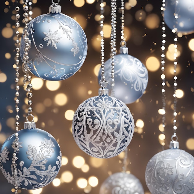 Weihnachtshintergrund mit blauen und silbernen Kugeln auf Bokeh-Hintergrund