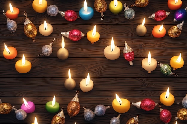 Weihnachtshintergrund mit brennenden Kerzen und Weihnachtsdekorationen, Draufsicht, Weihnachtshintergrund mit
