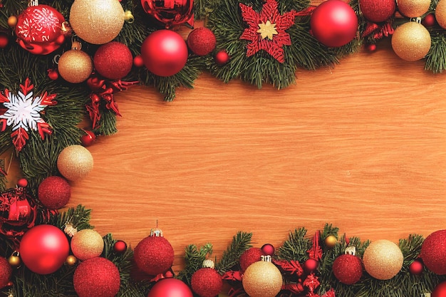 Weihnachtshintergrund mit Dekorationen auf Holzhintergrund Draufsicht Kopierbereich Frohe Weihnachtsfeier Digitale Kunst 3D Render