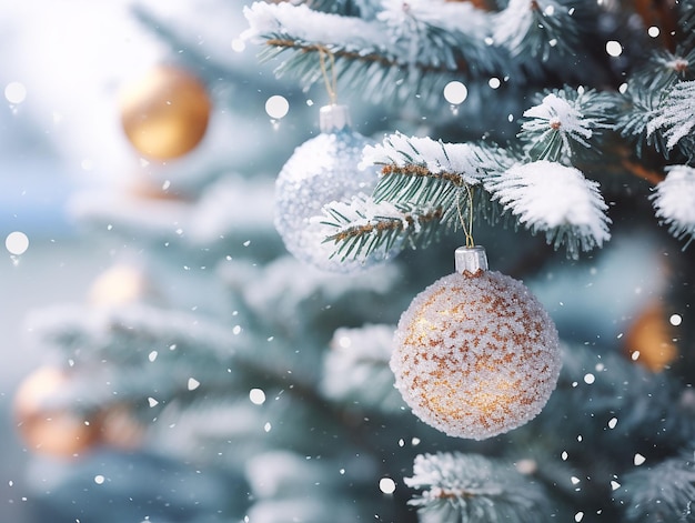 Weihnachtshintergrund mit dekorativem Design mit Kugeln auf Weihnachtsbaumzweig generierte KI