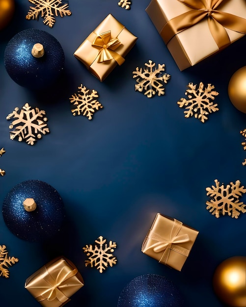 Weihnachtshintergrund mit glänzenden Schneebällen und Geschenkpaketen in den Farben Marineblau und Gold, Draufsicht