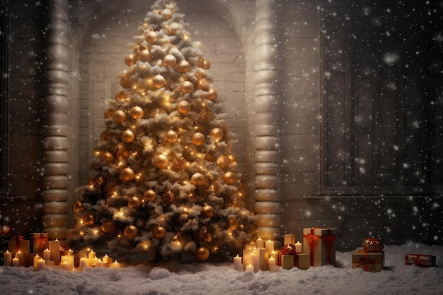 Weihnachtshintergrund mit Kopierraum. Silberner Weihnachtsbaum draußen, geschmückt mit goldenen Kugeln als Geschenk