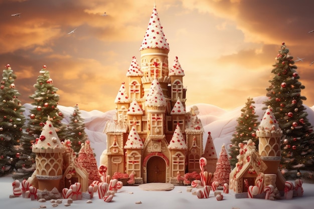 Weihnachtshintergrund mit Lebkuchenhäusern und Weihnachtsbäumen 3D-Rendering Eine magische Szene eines geschmückten Baumes voller Süßigkeiten und Kekse, der anmutig über einem festlichen Schloss schwebt. KI-generiert