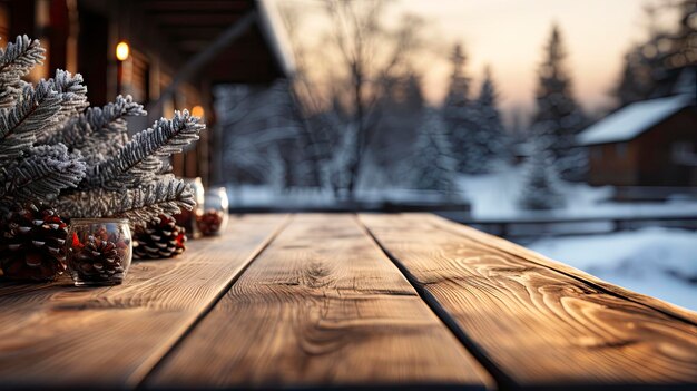 Foto weihnachtshintergrund mit leerem raum auf der tischplatte vorne weihnachtshorizontale leere szene holztischplatte vorne verschwommener weihnachtsbaum im schnee schneescene