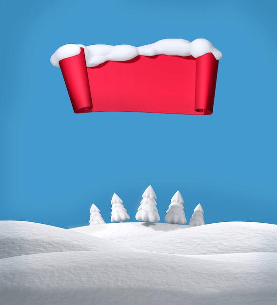 Foto weihnachtshintergrund mit schneebedeckten feldern, weißen tannen und einer roten schriftrolle. vorlage für eine grußkarte. 3d-illustration. machen