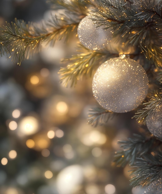 Weihnachtshintergrund mit schneeglänzenden Kugeln und Tannenzweigen AI